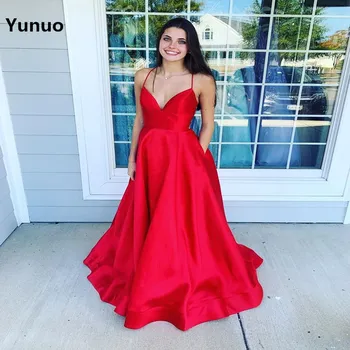 Yunuo Rdeče Saten Večerne Obleke 2019 Dolgo Formalno A-Linijo Proti-Vrat Dolžina Tal Zamah Vlak Pron Stranke Obleke Haljo De Soiree