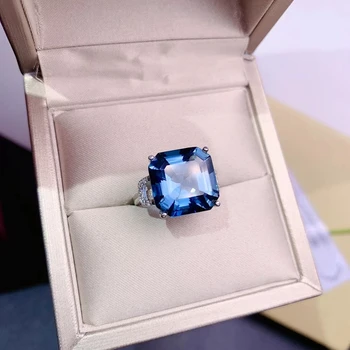 925 čistega srebra Kitajski slog naravnega London modri topaz žensk luksuznih modnih kvadratnih nastavljiva veliko gem obroč fine nakit sup