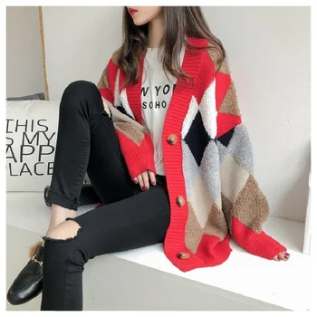 Cardigan pulover 2021 spomladi in jeseni novo ins priljubljen retro francoski ohlapno pleteno jopico dolžina neto rdeča jopica plašč