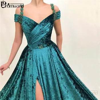 Elegantno Smaragdno Zelena Muslimanskih Večerne Obleke 2021 Seksi Režejo Proti-Vrat Off Ramo Žamet vestidos de gala Večerne Obleke