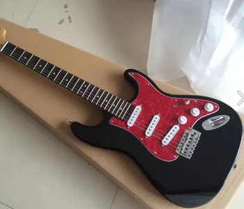 Guitarra elétrica com 6 cordas or preta, acabamento de alto brilho, com placa de proteção vermelha, par guitarra elétrica