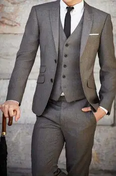 Italijanski Luksuzni Mens Sive Barve Suknjič Hlače Formalno Obleko Moških Obleko Nastavite moške poročne obleke ženina tuxedos(suknjič+hlače+telovnik+tie))