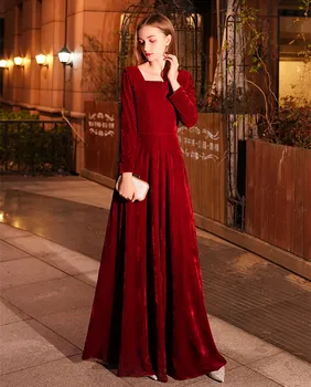 JaneVini Arabski Burgundija Obleke Z Dolgimi Rokavi Žamet Ženske Elegantne Prom Oblačenja Žensk Zadrgo Nazaj Poroka Stranka Obleko Večerja 2019
