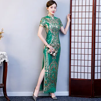 Kitajski Slog Bleščica Cvetje Izboljšano Cheongsam Ženske Slim Retro Qipao Eleganten Večer Stranka Obleko Kratek Rokav Oversize S-5xl
