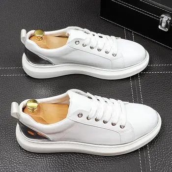 Korejski stil za moške priložnostne pravega usnja čevlji čipke-up bela derby čevelj trend mladinske platforme superge ulične obutev moški