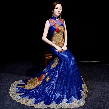 Luksuzni Kraljevsko Modra Kitajski Večerne Obleke Krasen Dolgo Cheongsams Sequins/Okrasnih/Vezenje Backless Maturantski Obleki qipao