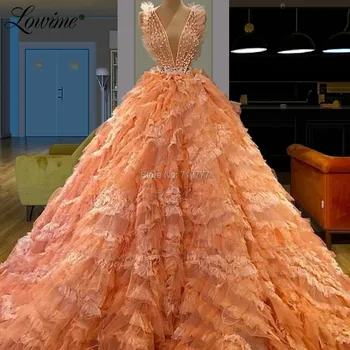 Luksuzni Oranžna Večerne Obleke Linije Stopenjski Turška V Vratu Beaded Biseri Prom Oblačenja 2020 Couture Runaway Slaven Stranka Oblek