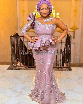 Nigerijski Afriške Maturantski Formalnih Obleke z Rokavi 2020 Letnik Roza 3D Cvetlični Ruffles Peplum morska deklica Plus Velikost Večer Nositi Obleke
