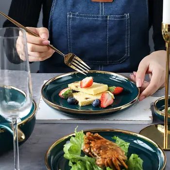 Nordijska Luč luksuzni zlati meji smaragdno keramične posode nabor jedi, jedi in plošče kompleti nordijske kuhinje