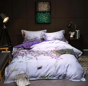 Nove luksuzne Poklon svilena posteljnina nabor kraljica kralj velikosti 60-ih letih posteljo nastavite 4pcs bombažne rjuhe kritje posteljo stanja določa natisnjeni vijolična, roza