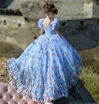 Očarljivo Metulj Dekle Pageant Oblačila Svetlo Modro Nebo, Princesa Visoka Nizka Cvet Dekle Obleko Za Poroko Za Merjenje Otroka, Rojstni Dan
