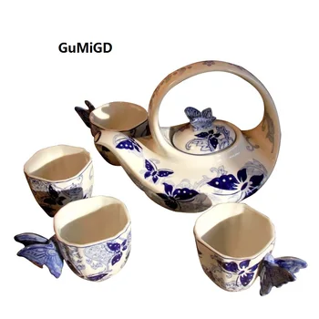 Poroka dekoracija Kung Fu Teaware Nastavite Jingdezhen Modre in Bele Porcelanaste Metulj Ljubezen Štiri-oseba-Set