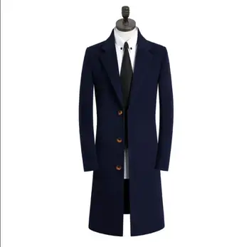 Pozimi priložnostne volnene plašč moški jarek coats dolge rokave suknji mens kašmir plašč casaco masculino inverno angliji temno modra