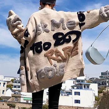 Priložnostne Oversize Pismo, Pletene Cardigan Ženske Modni Pulover Debel Toplo Korejski Outwear Pletenine Plašč 2021 Gumb Jersey