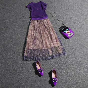 Purple 2 Kosov Ženske Krila Določa Poletje Nova Zasnova 2021 T-Shirt In-Line Kolena-Dolžina Elegantna Urad Dama Oblačila Obleke