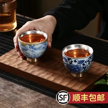 S999 sterling silver cup ročno izdelan keramični kung fu teacup linijskih posrebrene master cup srebrno skledo čaj skica teacup eno skodelico