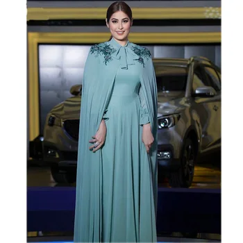 Savdska Arabski Mislim Šifon Večerne Obleke Z Cape Stranka Elegantno Dubaj Caftan Zadrgo Dolg Rokav Formalno Večerno Obleko 2019