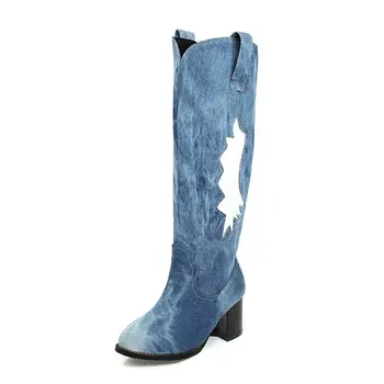 Sianie Tianie demin kavbojke, škornji za žensko priložnostne svoboden zahodni cowgirls kolen visoko jahanje škornji močen visoke pete, škornji velikosti 34-48