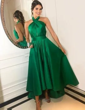 Smaragdno Zelena Prom Obleke 2020 Povodcem Backless Visoka Nizka Gub Dolgo Formalno Večer, Stranka, Halje za Sweet 16 Plus Velikost vestidos