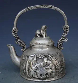 Starinsko MingDynasty Ročno izdelani srebrni čajnik,Desno, šah,Ročno izrezljano obrti,najboljšo zbirko& okras