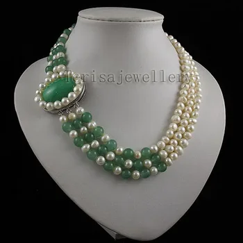 Terisa Pearljewelry AA 7-8 mm Bela Barva Naravnih Sladkovodnih Biserna Ogrlica, Zeleni Kamen Nakit 3Rows Moda Lady ' s Pearl