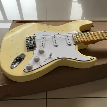 Trgovina meri,električna kitara,handwork 6 Strune Javor fingerboard relikvije za roke smetanove barve guitarra,resnično fotografije
