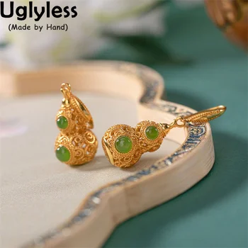 Uglyless Luxury Gold Filigreed Votlih Gourds Ogrlice Uhani za Ženske Jade Agate Turkizen Obesek 925 Srebro, Nakit Sklopov