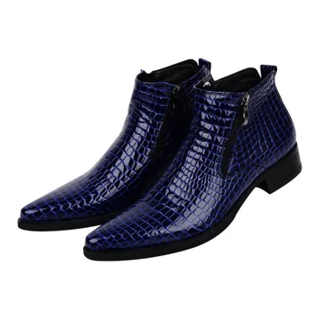 Velika Velikost EUR46 Serpentine Modra / Črna Mens Škornji Poročni Čevlji Pravega Usnja Čevlji Človek, Obleka, Čevlji